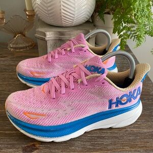 HOKA Clifton 9 Running Sneakers Athleisure Athletic Shoes Womens 6.5B Pink Blue